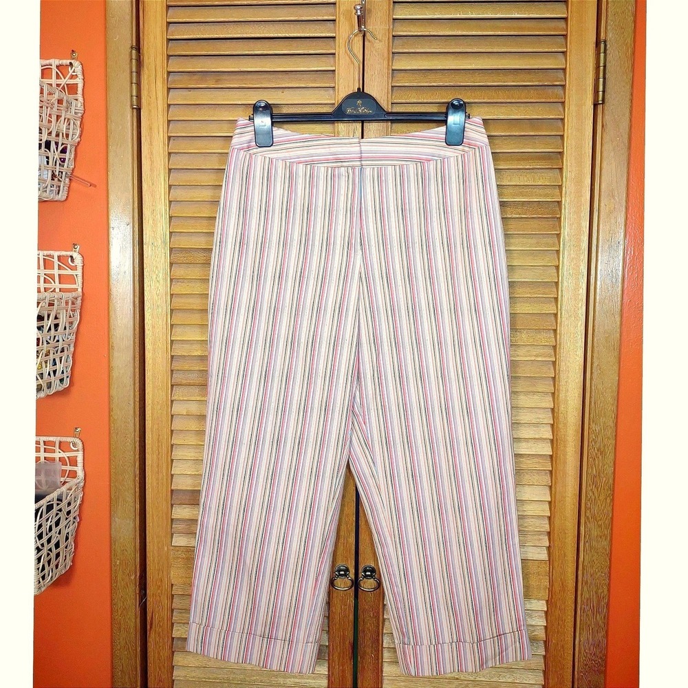 VTG Striped Wide Leg Cropped Capri Pants Womens 14 Multi Color Stretch Cuffs - Picture 2 of 11